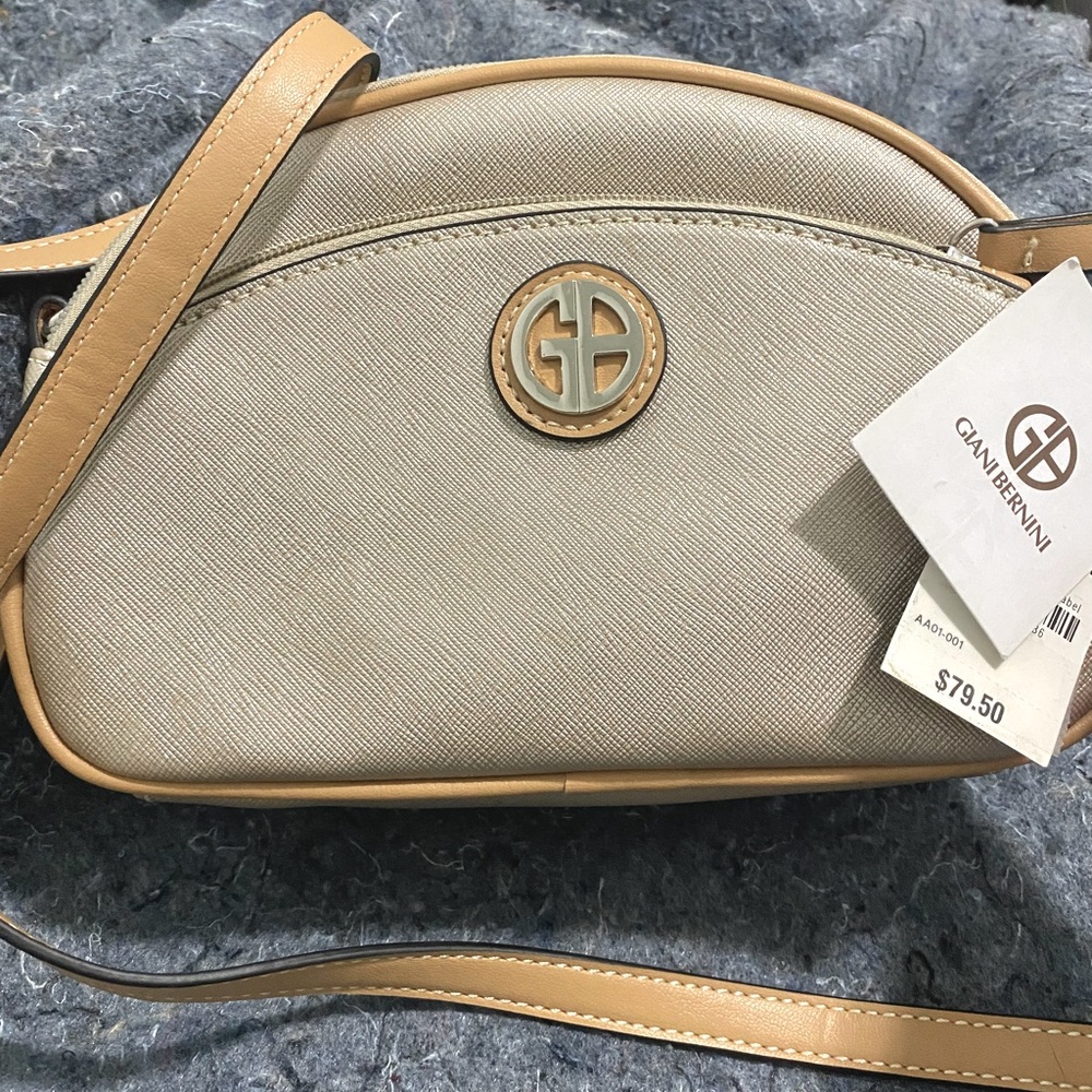 Giani Bernini Bag: Silver w/ Tan, Leather Crossbody Strap and Silver Hardware.